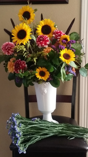 Sunflowers, Red-Pink Dahlias, Lavender Statice, Golden Solidago, Cattails, Salal